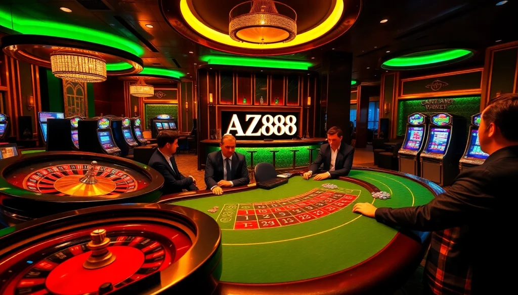Experience excitement at AZ88 with vibrant casino tables, roulette, and poker chips in a luxurious atmosphere.