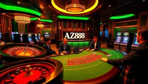 Experience excitement at AZ88 with vibrant casino tables, roulette, and poker chips in a luxurious atmosphere.