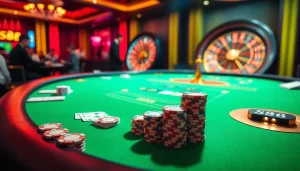 Players engaging at a poker table with s88 poker chips and cards, showcasing an exciting casino atmosphere.