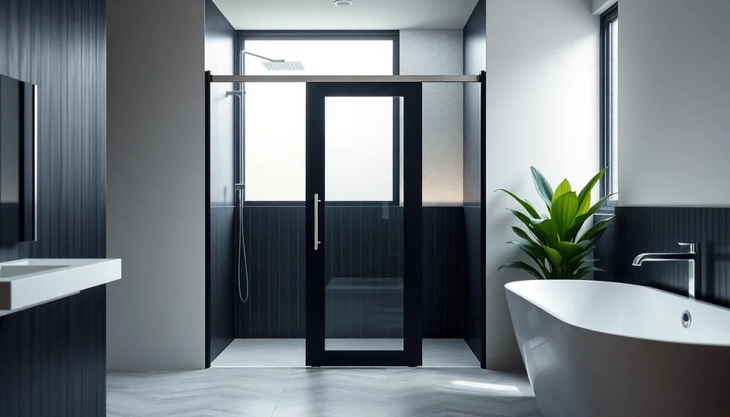View a sleek black shower sliding door in a modern bathroom, featuring elegant finishes and soft natural lighting.