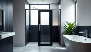 View a sleek black shower sliding door in a modern bathroom, featuring elegant finishes and soft natural lighting.