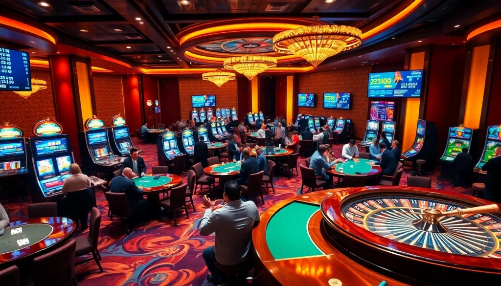 Engage with the excitement at vua99 caisno's vibrant gaming floor filled with players at tables.