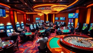 Engage with the excitement at vua99 caisno's vibrant gaming floor filled with players at tables.