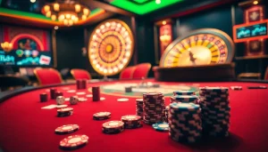 Experience the thrilling atmosphere of rikvip368.com with vibrant casino elements like poker chips and roulette.