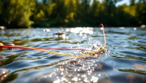 Engaging scene of fly fishing line flowing on water in nature, showcasing its vibrant colors and texture.