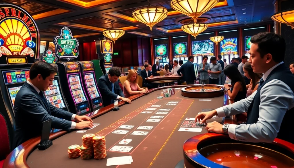 Engaging scene at Nhà cái jun88 casino with vibrant slot machines and poker games.