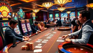 Engaging scene at Nhà cái jun88 casino with vibrant slot machines and poker games.