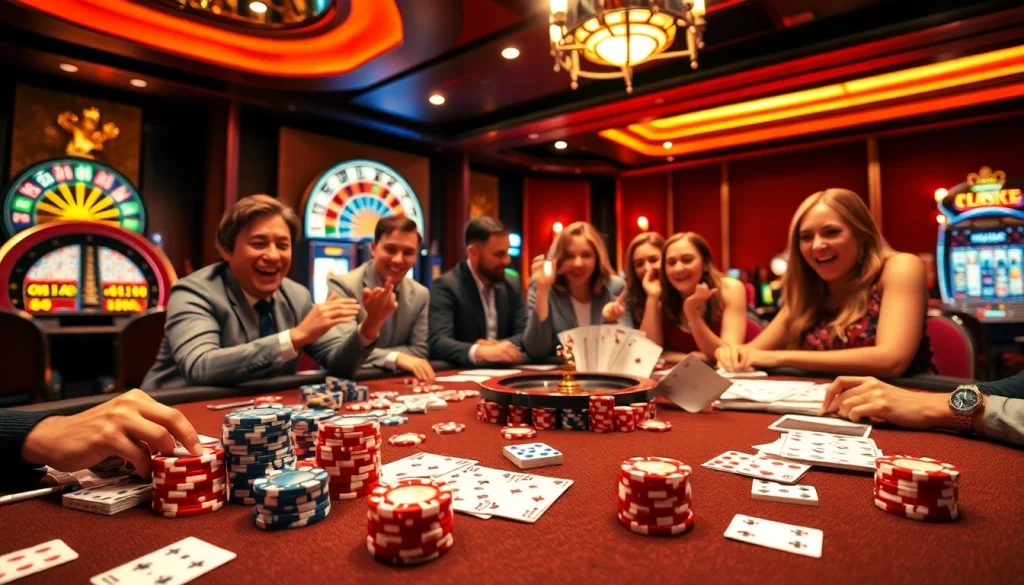 Engaged players enjoying a high-stakes game at a luck8 themed casino table with vibrant poker chips and cards.