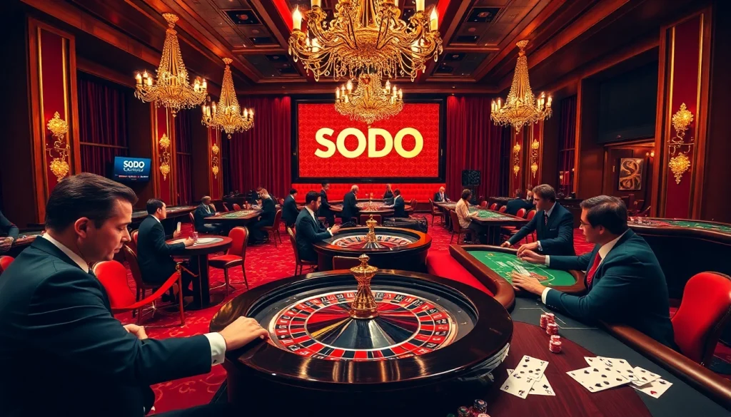 SODO casino scene with engaging players at roulette and card tables, showcasing excitement.