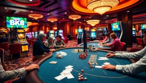 Exciting gameplay at BK8 online casino featuring poker tables, vibrant chips, and immersive betting atmosphere.