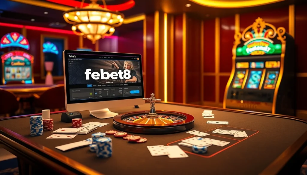 Experience the luxury of online gambling with Febet8's exciting casino interface and vibrant gaming elements.