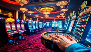 Experience a thrilling moment in idnslot gaming with vibrant slot machines and roulette in a luxurious casino.