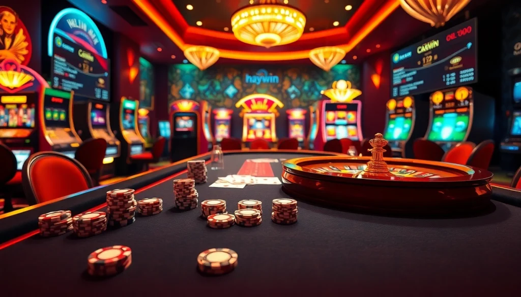 Experience the thrill of gambling at hay.win with vibrant casino tables and poker chips.