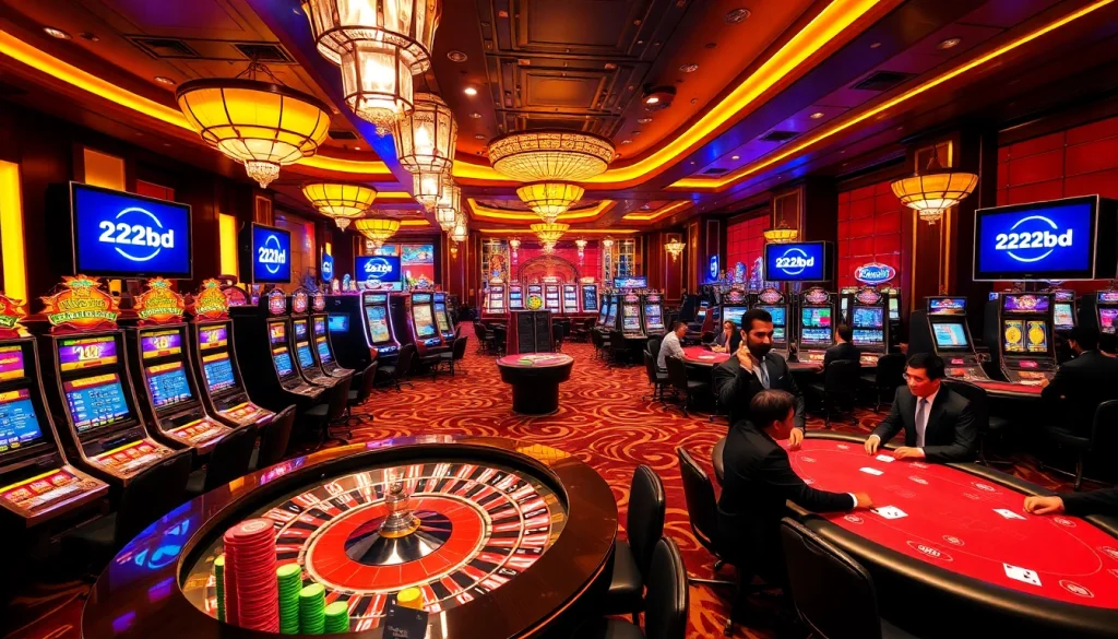 Engaging casino atmosphere with players enjoying games under the banner 222bd one.