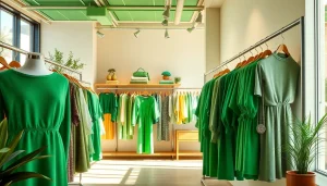Stylish fashion apparel feature in green BOTOL169 hues, showcased in a trendy boutique environment.