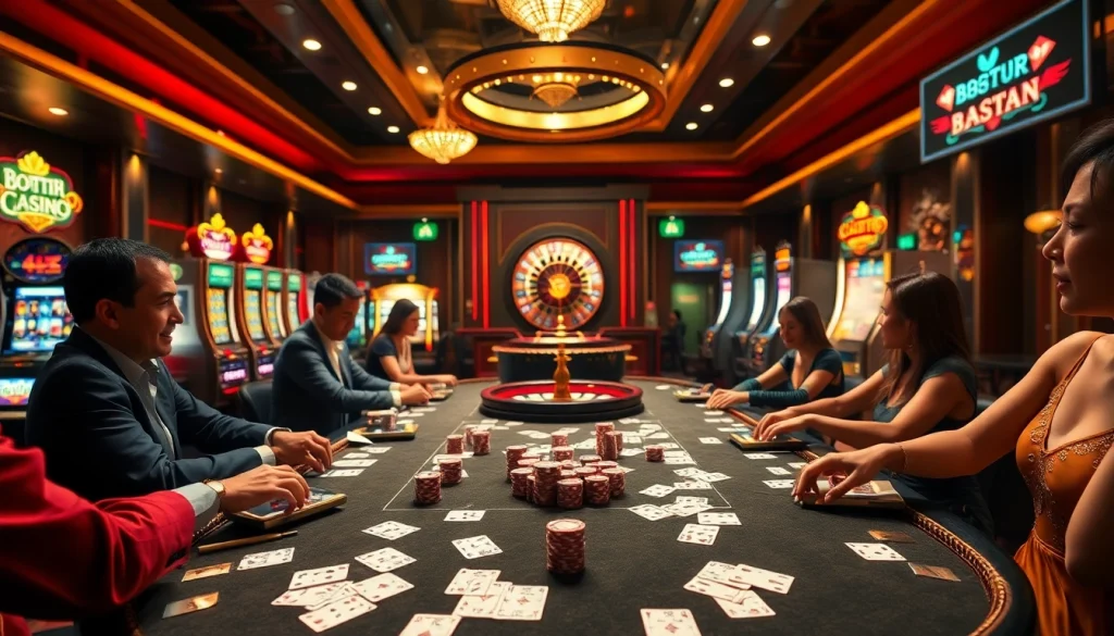 Experience the excitement of BDTK3 with players at a vibrant casino table, showcasing poker chips and cards.