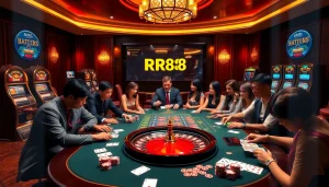 Experience the thrill of RR88 with vibrant casino tables and engaging gambling elements.