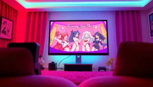 Engaging promotional image for a porn game featuring colorful graphics and a cozy gaming setup.