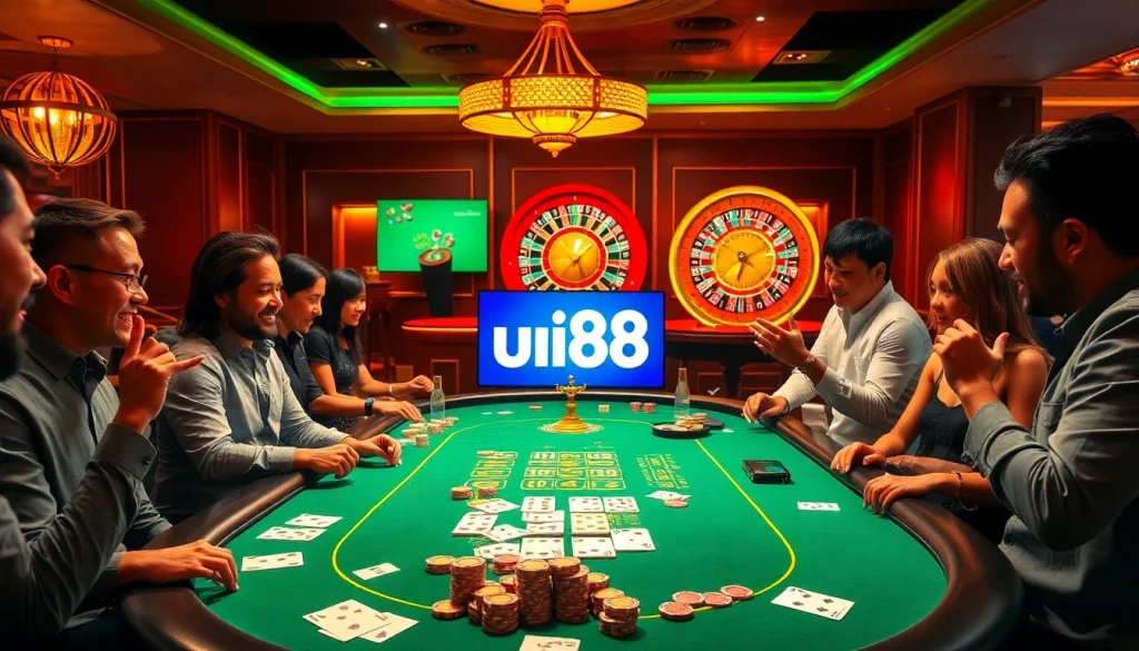 Experience thrilling games with uu88 as players engage at a vibrant poker table in a luxurious casino.