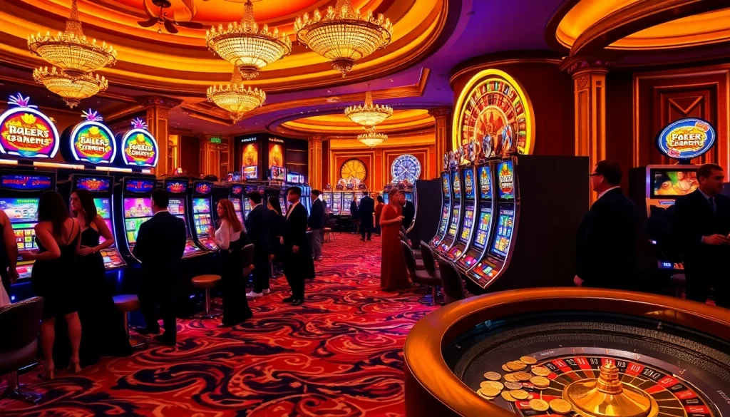 Pemain menikmati mesin slot pulsa yang seru dalam suasana kasino mewah.