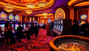 Pemain menikmati mesin slot pulsa yang seru dalam suasana kasino mewah.