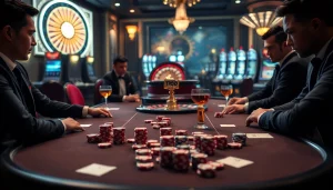 Players engaged in strategic poker gameplay at a casino table, embodying the thrilling spirit of TR88 gambling.