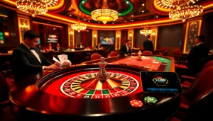 Experience the thrill of Lc88 at a luxurious casino featuring roulette, poker chips, and engaging dealers.