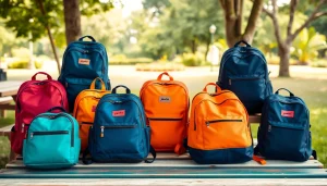 Stilingos kuprinės su logotipo spauda, rodomos lauke per pikniką, kuriose matyti ryškūs dizainai ir prekės ženklo įvaizdis.