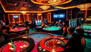 Players engaged in high-stakes gaming at a luxurious casino showcasing PS 99-themed decorations.