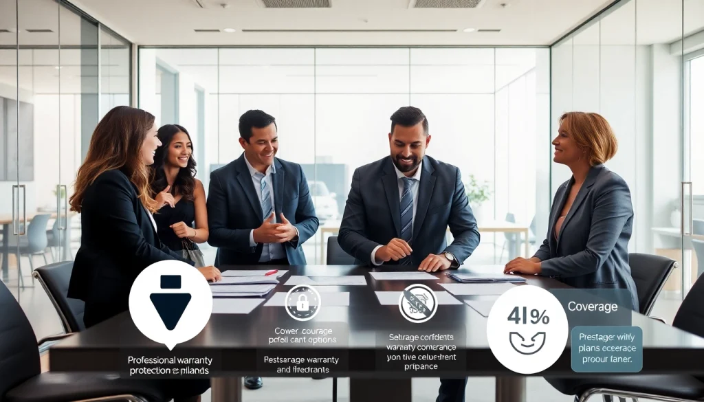 View of a team reviewing warranty protection plans in a modern office setting, showcasing collaboration.