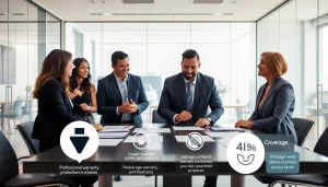 View of a team reviewing warranty protection plans in a modern office setting, showcasing collaboration.