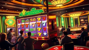 Para pemain yang antusias terlibat dengan mesin slot bertaruh tinggi di kasino UTAMA4D, menangkap sensasi perjudian.
