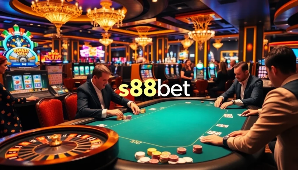 S88bet players engaging in a thrilling poker game in a luxurious casino setting.