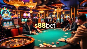 S88bet players engaging in a thrilling poker game in a luxurious casino setting.