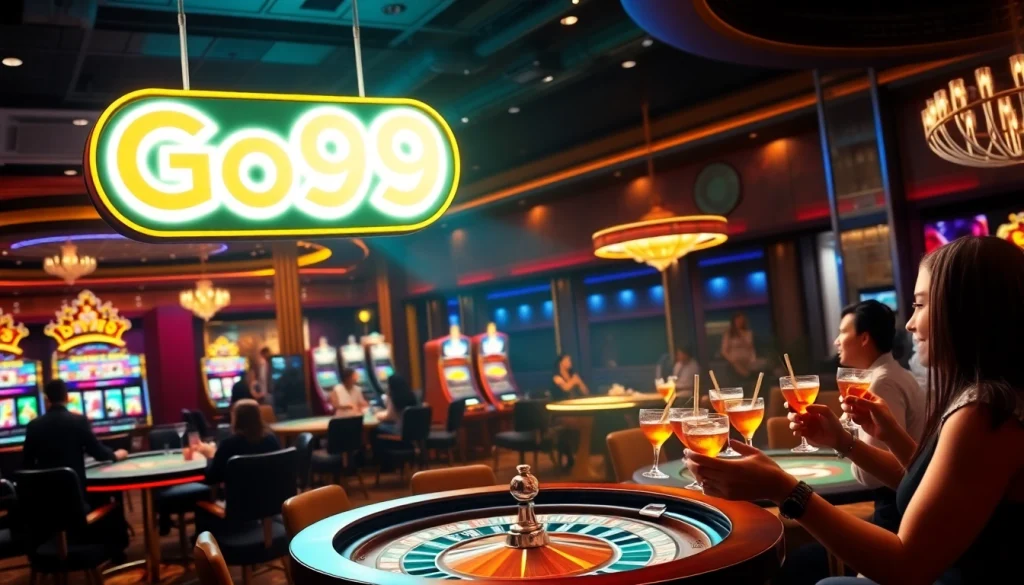 Exciting scene showcasing Go99 at a vibrant casino with players celebrating wins.