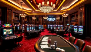 Experience the excitement of OPEN88 with vibrant casino tables, cards, and thrilling gambling action.
