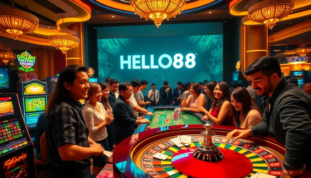 Players enjoying high-stakes action at HELLO88 casino with vibrant slots and lively tables.