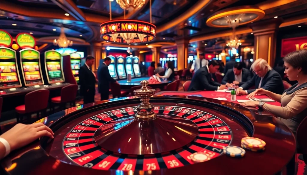 Gamble at an elegant b52 casino scene with roulette, cards, and vibrant gaming chips.