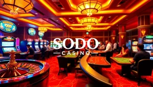 Experience the thrill at SODO CASINO with vibrant gaming tables and lively players celebrating wins.