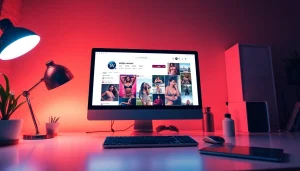 コンピューター画面にアート風の成人向けコンテンツを表示するインスタ エロ垢を魅力的に紹介する作業スペースの画像。探求を促す。