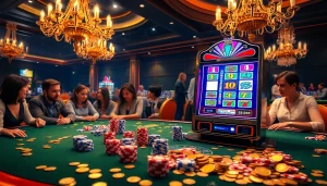 Rasakan sensasi slot deposit 1000 dengan visual kasino yang hidup, menampilkan pemain yang terlibat dan mesin slot.