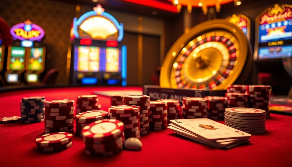 KJC players enjoying a vibrant casino atmosphere with poker chips and dice.