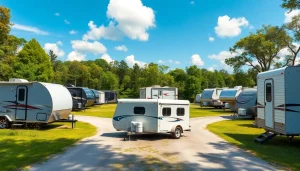 Showcasing various trailer rentals in Hudson FL against a scenic backdrop, highlighting options for customers.