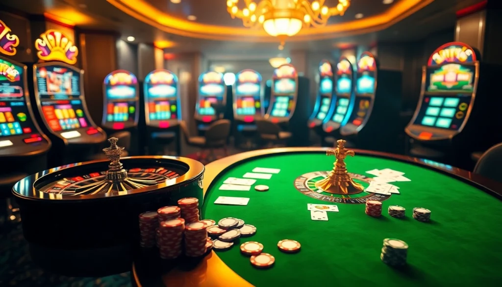 Rasakan sensasi datukwin dengan adegan kasino yang elegan yang menampilkan chip poker dan roulette.