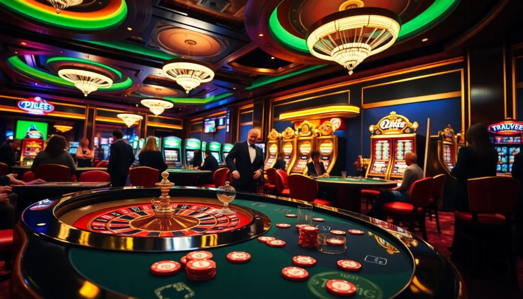 Players enjoying games at a casino, highlighting the hidden wiki tor in the background with vibrant tables and chips.