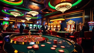 Players enjoying games at a casino, highlighting the hidden wiki tor in the background with vibrant tables and chips.