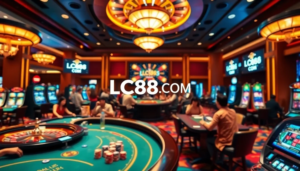 Players enjoying games at an upscale casino, highlighting LC88 COM's vibrant atmosphere.