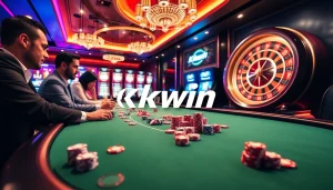 Players enjoy high-stakes poker at Kkwin's lavish casino with vibrant ambiance.