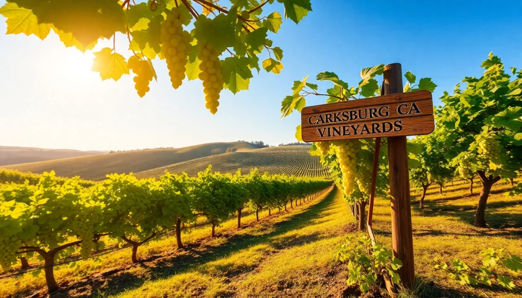 Carksburg CA vineyards showcasing lush grapevines and a rustic signpost under bright sunlight.