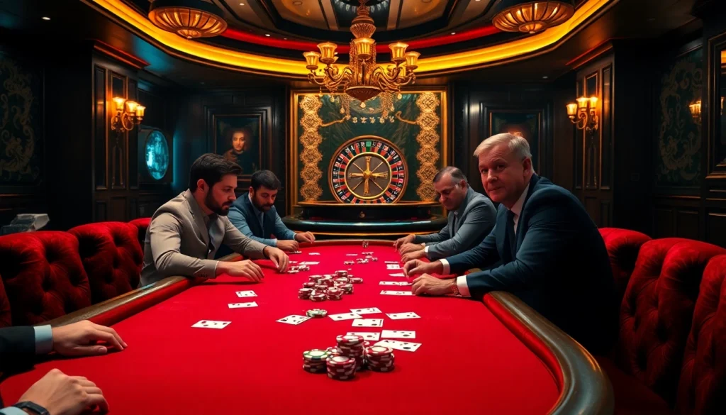 Players enjoying a thrilling poker game at EK333, showcasing excitement and luxury.